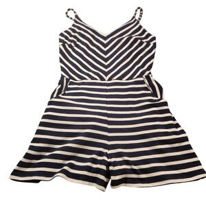 Monteau Romper Womens Medium Navy White Stripe Belted Shorts Pockets Summer